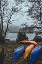 Kayaks lying on the shore of a lake in Scotland Royalty Free Stock Photo