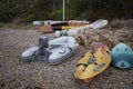 Kayaks and motoboat in Cala Moli Royalty Free Stock Photo