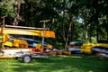 Kayaks for rent near to the river Royalty Free Stock Photo