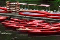 Kayaks rent point. The red boats on pier