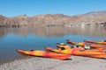 Kayaks returned on the beach, Willow Beach in Arizona Royalty Free Stock Photo