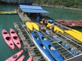 Kayaks for tourists in the sea in Ha Long Bay, near the island of Cat Ba, Vietnam