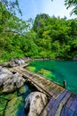 Kayangan Lake - Blue crystal water in paradise lagoon - walkway on wooden pier in tropical scenery - Coron island, Palawan, Royalty Free Stock Photo