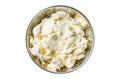 Kaymak Clotted cream, butter cream in a rustic pan. Isolated, white background. Top view. Royalty Free Stock Photo