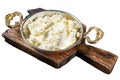 Kaymak Clotted cream, butter cream in a rustic pan. Isolated on white background, top view. Royalty Free Stock Photo