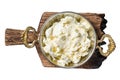 Kaymak Clotted cream, butter cream in a rustic pan. Isolated on white background, top view. Royalty Free Stock Photo