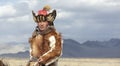 Kazakh eagle hunter traveling on hgis hotse in a landscape of altai Mountains