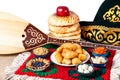 Kazakh food, dombra and hat Royalty Free Stock Photo