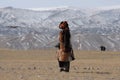 Kazakh Mongolian man dressed with traditional outfit training the golden eagle to catch a fox pray Royalty Free Stock Photo