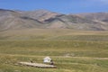 Kazakh nomadic people with their yurt and herd of sheep, in Assy Plateau, Kazakhstan