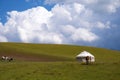 Kazakh traditional yurt on green mountain valley with cloudy blue sky background.