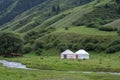 Kazakh traditional yurt in green mountains with grazing horses near and river. Nature, landscape house Royalty Free Stock Photo