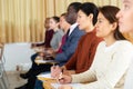 Kazakh woman with other adult students in studying with their colleagues Royalty Free Stock Photo