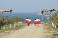 Kazakh women in national dress walking on the street