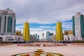 Kazakhstan. Astana. August 25, 2015. Modern residential buildings. Business centers. Bayterek monument.