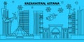 Kazakhstan, Astana winter holidays skyline. Merry Christmas, Happy New Year decorated banner with Santa Claus.Kazakhstan