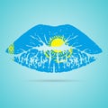 Kazakhstan Flag Lipstick On The Lips Isolated On A White Background. Vector Illustration.