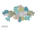 Kazakhstan higt detailed map with subdivisions. Administrative map of Kazakhstan with districts and cities name, colored by states