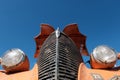 Kazakhstan, Kostanay, 2019-06-20, The emblem of the old Chevrolet. Close-up of headlights and raised hood of a retro car like