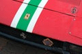 Kazakhstan, Kostanay, 19-06-19, The emblem of a vintage car Ferrari. Close-up front of a retro car with a horse symbol. Rally