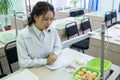 2019-09-01, Kazakhstan, Kostanay. Hydroponics. Asian girl in a white coat talks about growing onions in a school lab. Growing