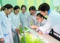 2019-09-01, Kazakhstan, Kostanay. Hydroponics. Asian students and teacher in a white coat at a botany lesson in a school lab.