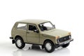 Kazakhstan, Kostanay, January 12, 2024. VAZ-2121 Lada Niva model in 1:24 scale on a white background. Russian SUV car