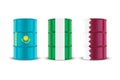 Kazakhstan, Nigeria, Qatar Oil Barrels. Vector 3d Realistic Metal Enamel Oil Barrel Isolated. Crude, Oil Barrel Design