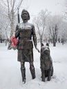 Kazakhstan, Qostanai - 7 January 2020. Monument to a military nurse with a dog in Victory Park