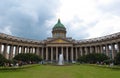 Kazan Cathedral on a cloudy day, columns, dome of the Orthodox Cathedral in St. Petersburg