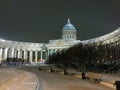 Kazan Cathedral illuminated surrounded by snow in Saint Petersburg, Russia. Night winter view Royalty Free Stock Photo