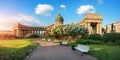 Kazan Cathedral and bushes of blossoming lilacs