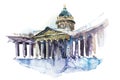 Kazan Cathedral in St Petersburg, Russia Cathedral of Our Lady of Kazan Watercolor Royalty Free Stock Photo