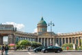 Kazan Cathedral, view through Nevsky Prospekt. View of the facade and colonnade of the Kazan Cathedral in St. Petersburg Royalty Free Stock Photo