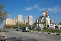 Kazan church near a new residential buildings in city of Reutov, Russia. Royalty Free Stock Photo