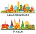 Kazan and Ekaterinburg Russia City Skyline set with Color Buildings Isolated on White. Business Travel and Tourism Concept with Royalty Free Stock Photo