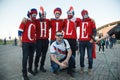 KAZAN - JUNE 18, 2017: football fans, soccer fans walk on stilts