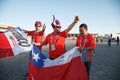 KAZAN - JUNE 18, 2017: football fans, soccer fans walk on stilts and pose for photos in popular touristic landmark.