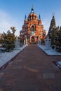 Kazan Orthodox church Icon of the Mother of God in  city center of Irkutsk in winter season, Russia, Siberia Royalty Free Stock Photo