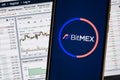 A smartphone with the BitMEX logo on the background of the live trading webpage