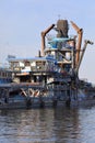 Dredger ship dredging sand and gravels from the Volga river near city of Kazan, republic Tatarstan, Russia
