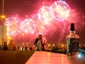 Kazan, Russia. 08.30.2021 Bottle of Jack Daniels whiskey against the background of fireworks. Celebrating the day of the cit