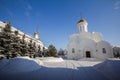 Kazan, Russia, 9 february 2017, Zilant monastery - oldest orthodox building in city - the courtyard at winter sunny day