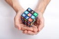 KAZAN, RUSSIA - January 27, 2018: Man`s hand holds a cube with collection of popular social media logos printed on adhesive paper