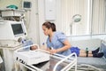 Kazan, Russia- July, 15, 2015: a medic makes a cardiogram for a patient