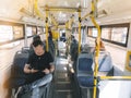 Kazan, Russia. 2022, 10 July. The interior of a trolley bus. Passengers ride on modern city trolley bus. Royalty Free Stock Photo