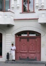 View of Kekin`s house on Gorky Street in the historical center of the city.Fragment of the facade of a building. Streets of Kazan,