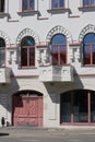 View of Kekin`s house on Gorky Street in the historical center of the city.Fragment of the facade of a building. Streets of Kazan,