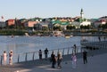 View to the lake from Kazan Lake Embankment. Sunny landscape with view of city on Lake Nizhny Kaban Royalty Free Stock Photo
