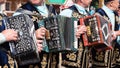 Kazan, Russia. 2022, June 18. Playing the accordion close-up. Old musical instrument Russian bayan